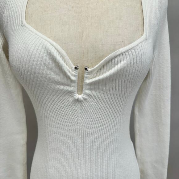 Abercrombie & Fitch Ivory Ribbed Plunge Knit Long Sleeve Bodysuit Size Small - Picture 14 of 16